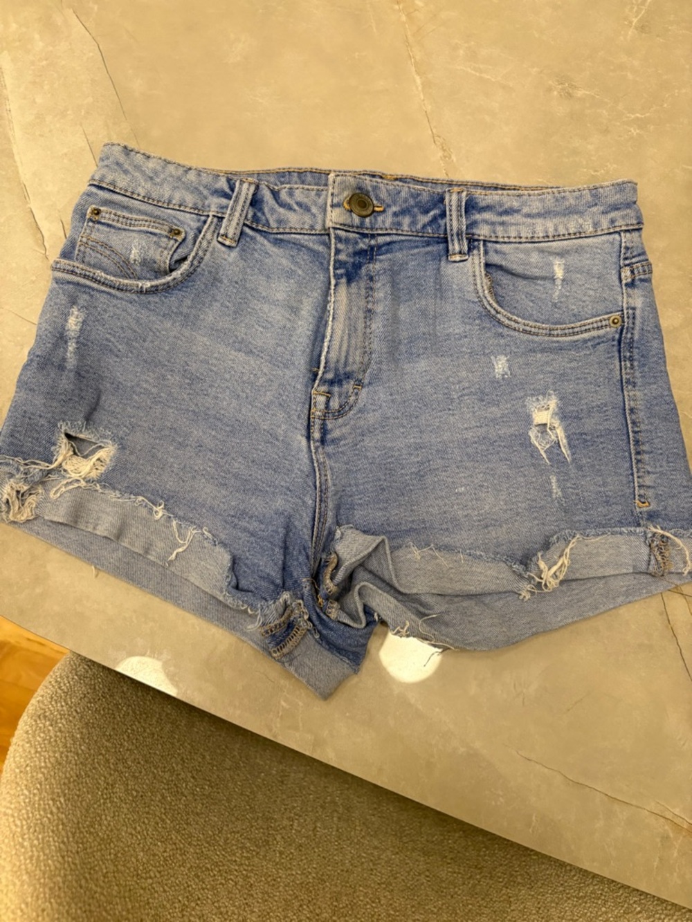 Zara Light Blue Distressed Denim Shorts